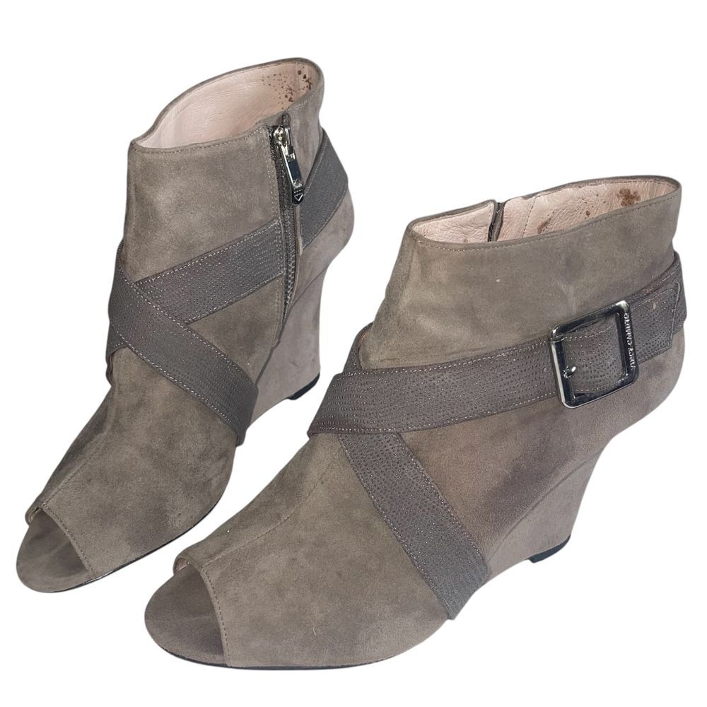 Vince Camuto women's peep toe ankle Booties Gray Size 8 B 38 zip Wedge 3" Heel